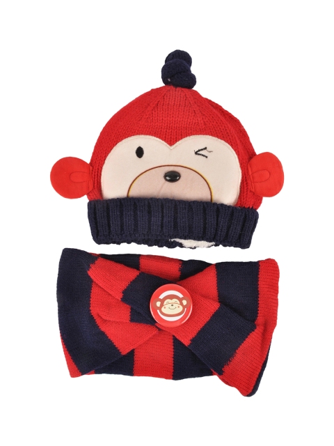 

Yellow Bee Boys Red & Navy Blue Printed Beanie with Muffler