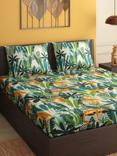 

PETAL HOME Off-White & Green Floral 300 TC Cotton 1 Queen Bedsheet with 2 Pillow Covers