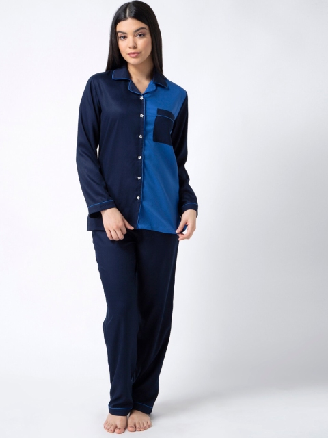 

ADORENITE Women Navy Blue Colourblocked Night suit