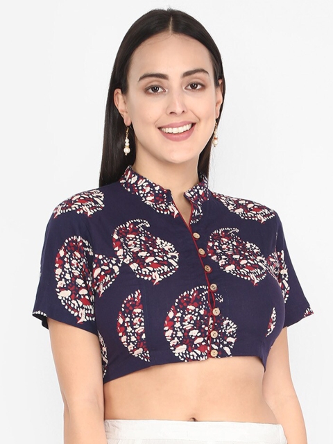 

Molcha Women Navy Blue & Beige Ajrak Printed Readymade Blouse