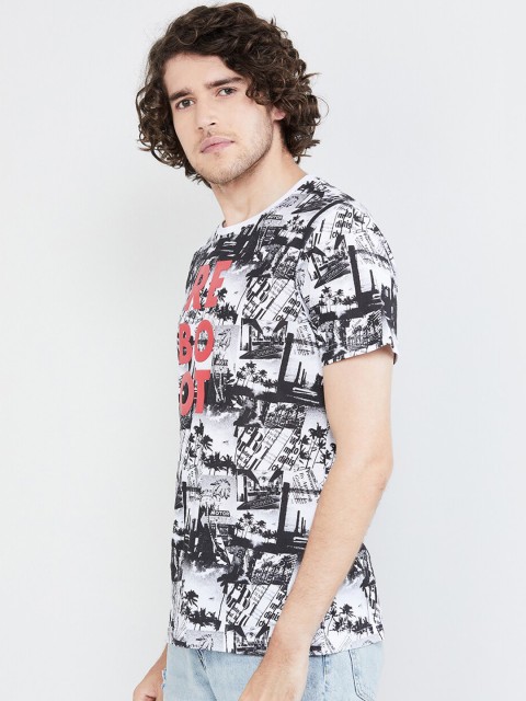 

max Men White Printed Round Neck T-shirt