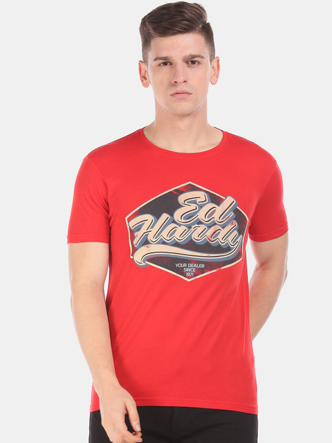 

Ed Hardy Men Red & Grey Brand Logo Printed Round Neck T-shirt