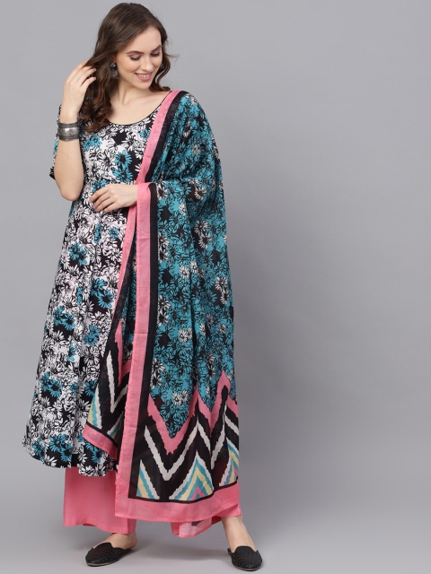 

AKS Women Blue & Pink Printed Made To Measure Kurta with Palazzos & Dupatta