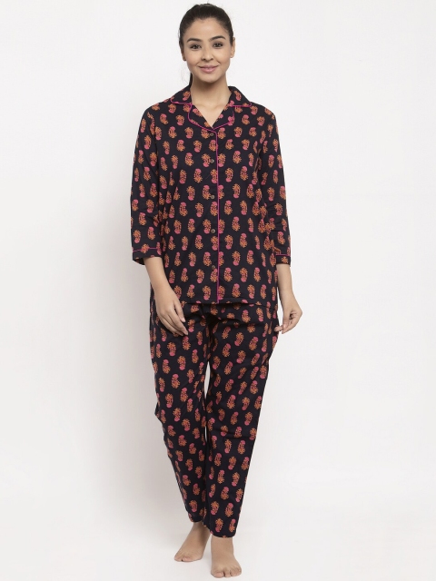 

Aujjessa Women Navy Blue & Coral Printed Night suit