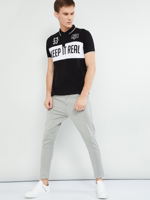 

max Men Black & White Colourblocked Polo Collar T-shirt