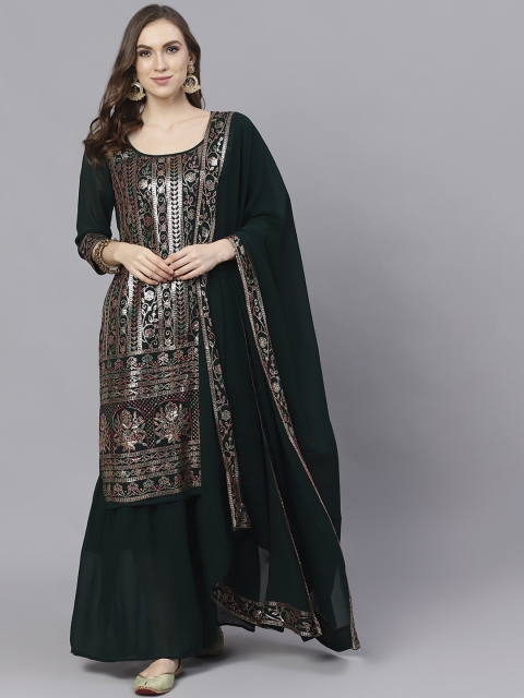 

AKS Women Green & Gold-Toned Embroidered Kurta with Palazzos & Dupatta