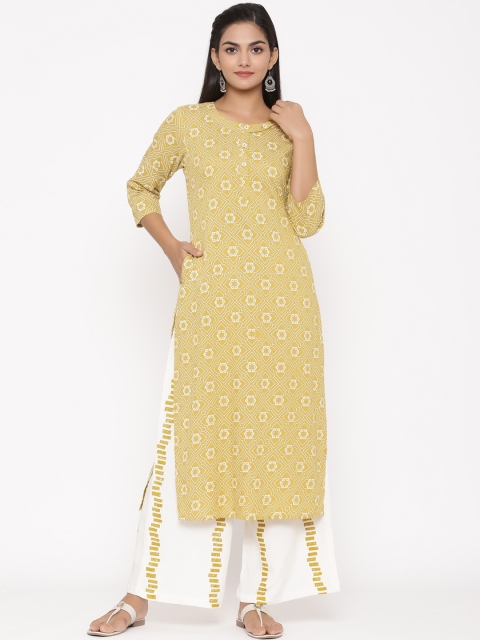 

WomenMagic Women Mustard Yellow & White Printed Kurta with Palazzos