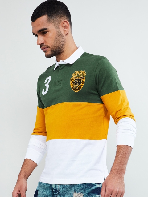 

max Men Green & White Colourblocked Polo Collar T-shirt