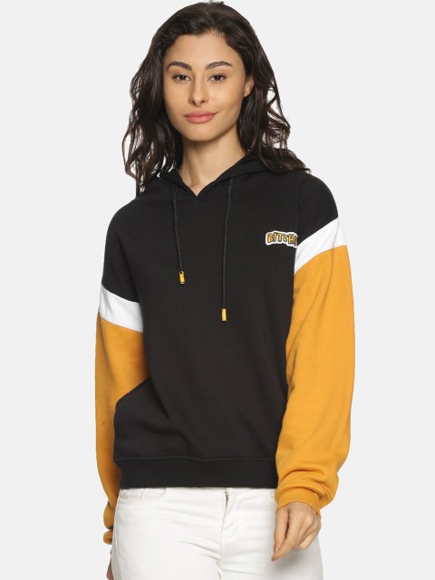 

Campus Sutra Women Black & Yellow Solid Hooded Sweatshirt