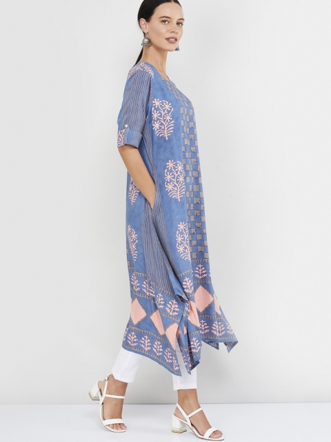 

max Women Blue & Peach-Coloured Printed A-Line Kurta