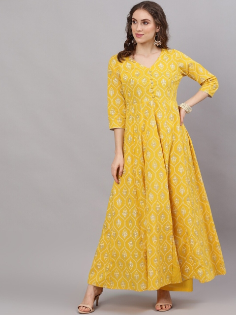 

AKS Women Yellow Self Design Kurta with Trousers