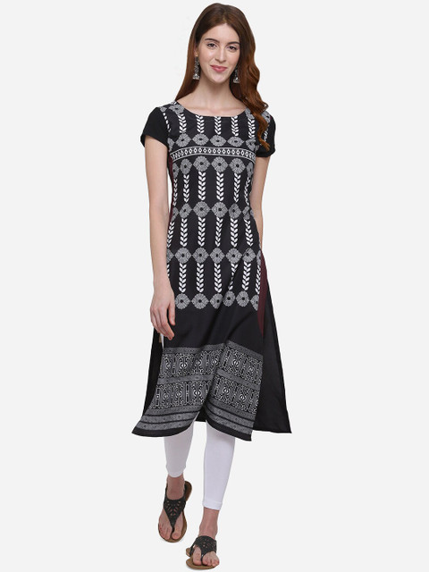 

Kvsfab Women Black & White Printed Straight Kurta