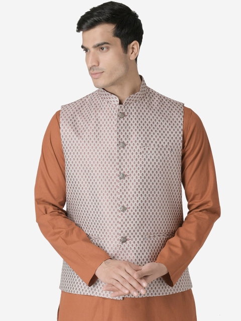 

TABARD Men Maroon & Off-White Woven Design Nehru Jacket