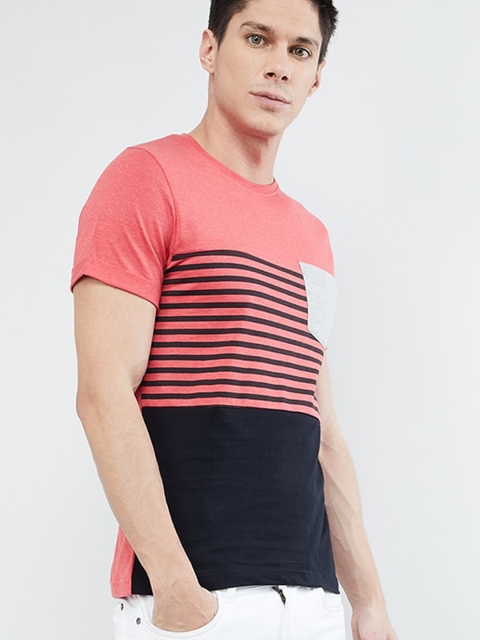 

max Men Coral Red & Black Colourblocked Round Neck T-shirt