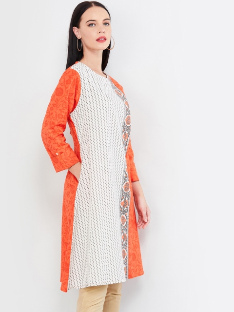 max Women Orange & White Printed Straight Kurta
