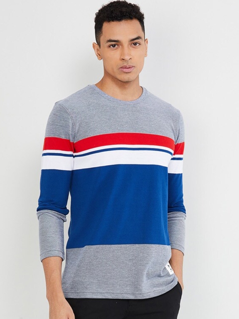 

max Men Blue & Grey Striped Round Neck T-shirt