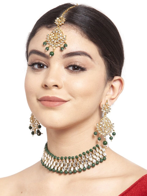 

Shining Diva Gold-Plated White & Green Kundan Studded Beaded Jewellery Set