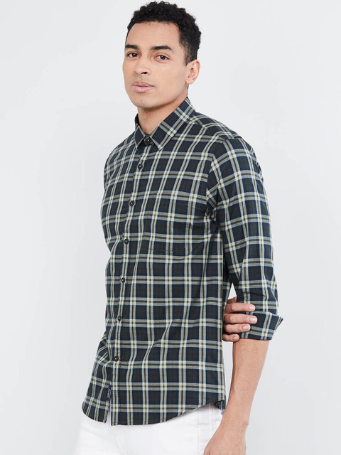 

max Men Olive Green & Grey Regular Fit Checked Casual Shirt