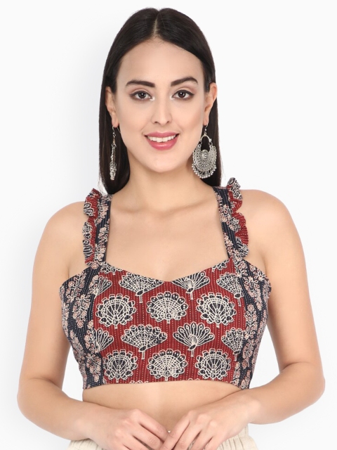 

Molcha Women Maroon & Black Printed Readymade Ajrak Saree Blouse