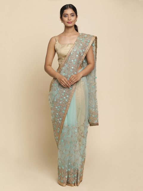 

Koskii Sea Green & Brown Net Embroidered Saree