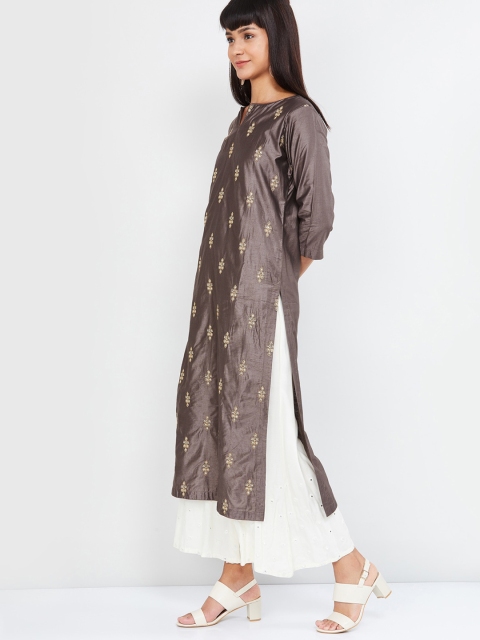 

max Women Brown & Beige Embroidered Straight Kurta
