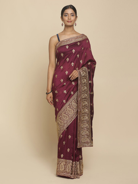 

Koskii Burgundy Embroidered Art Silk Saree