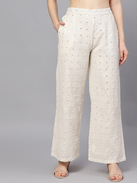 

AKS Women Off-White Embroidered Flared Palazzos