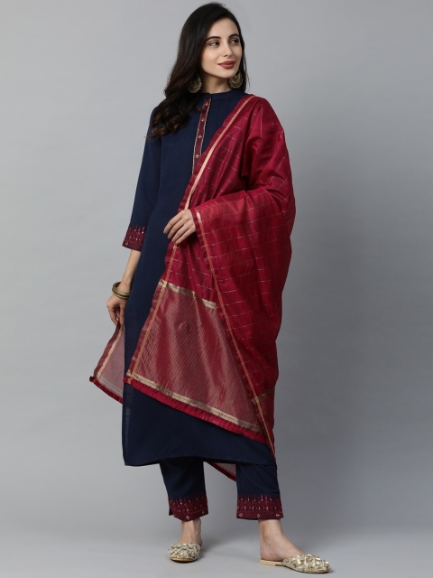 

Indo Era Women Navy Blue Solid Kurta with Trousers & Dupatta