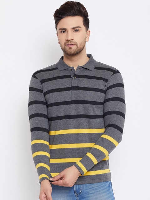 

Austin wood Men Charcoal Grey & Yellow Striped Polo Collar T-shirt