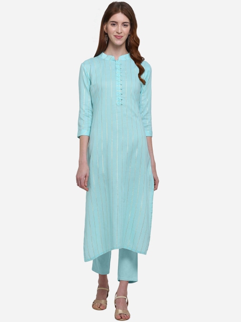 

Kvsfab Women Blue & Silver-Coloured Striped A-Line Kurta