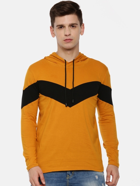 

KAY DEE Men Mustard Yellow Black Colourblocked Hood Pure Cotton T-shirt