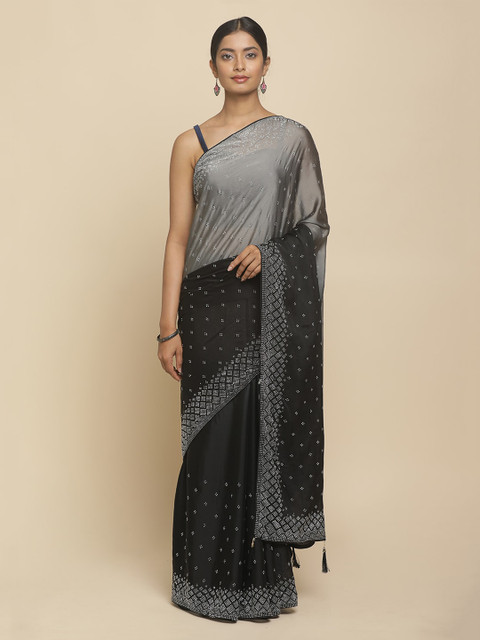 

Koskii Black & Grey Satin Embellished Saree