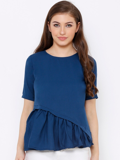 

SALWAR STUDIO Women Navy Blue Solid Cinched Waist Top