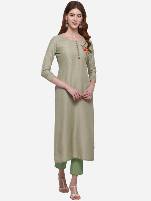 

Kvsfab Women Olive Green Solid Straight Kurta