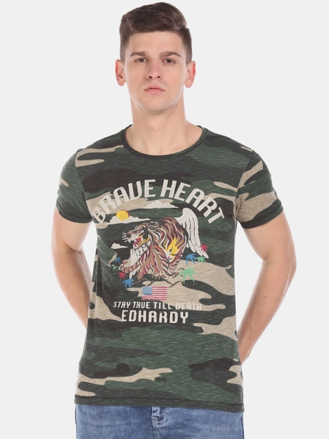 

Ed Hardy Men Green Camouflage Printed Round Neck Pure Cotton T-shirt