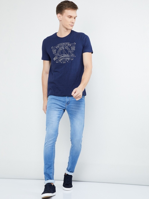 max Men Navy Blue Printed Round Neck T-shirt