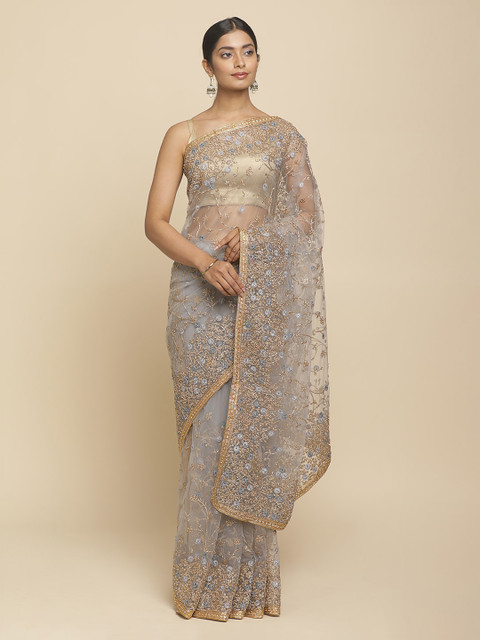 

Koskii Grey & Gold Net Embroidered Saree