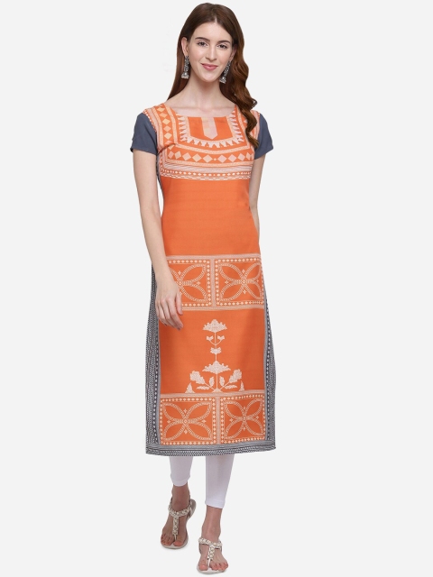 

Kvsfab Women Orange & Grey Printed Straight Kurta