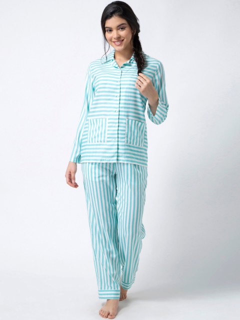 

ADORENITE Women White & Blue Striped Night suit