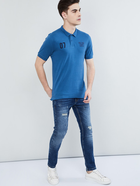

max Men Blue Solid Polo Collar T-shirt