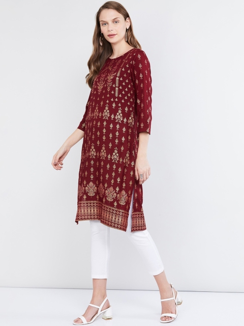 

max Women Maroon Woven Design Straight Kurta
