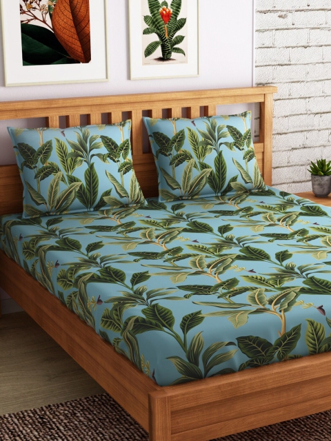 

PETAL HOME Blue & Green Floral 300 TC Cotton 1 Queen Bedsheet with 2 Pillow Covers