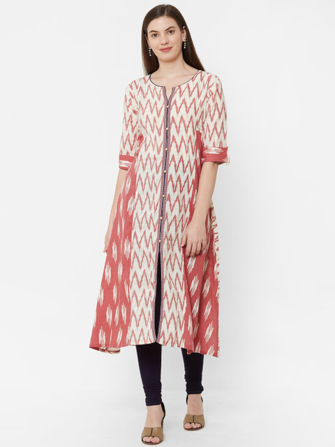 

Juliet Women Rust Red & White Woven Design A-Line Kurta