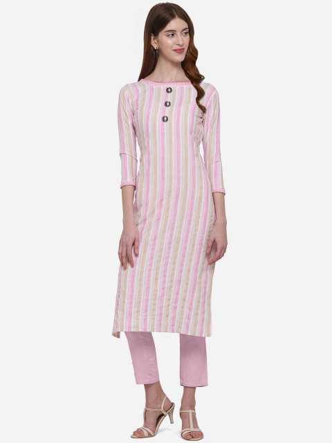 

Kvsfab Women Pink & White Striped Straight Kurta