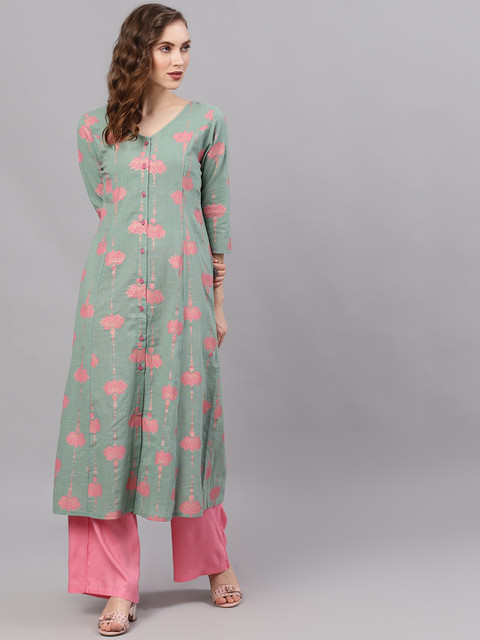 

AKS Women Green & Pink Printed A-Line Kurta