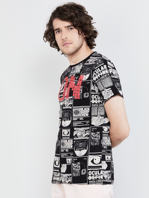 

max Men Black Printed Round Neck Pure Cotton T-shirt