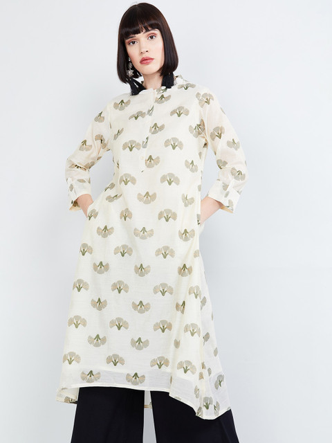

max Women Cream & Grey Printed A-Line Kurta