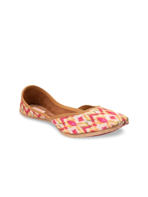 

Jivaana Women Pink & Yellow Printed Leather Mojaris