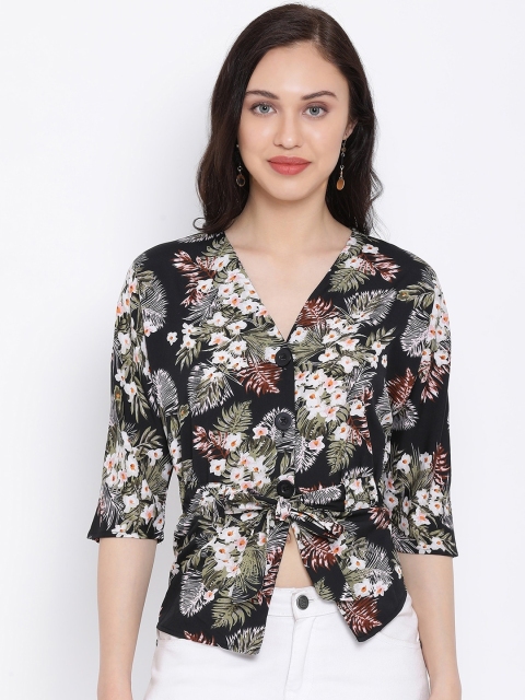 

Oxolloxo Women Black Floral Printed Cinched Waist Top