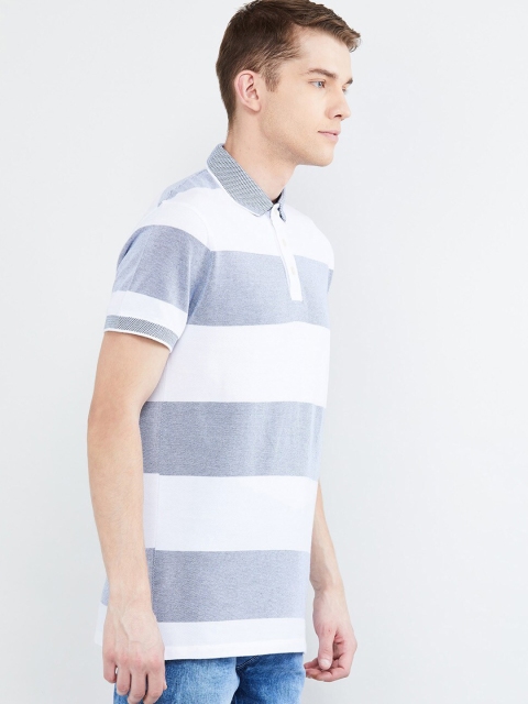 

max Men Blue & White Striped Polo Collar T-shirt
